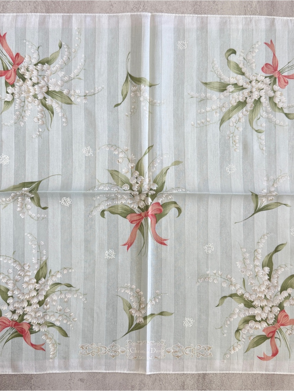 Dior vintage Floral Lily of the Valley cotton hanky in Pale Blue, Green & Pink